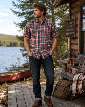 ZIP CODE Mens M Plaid Button Front Shirt Red Blue Short Sleeve Pocket Casual
